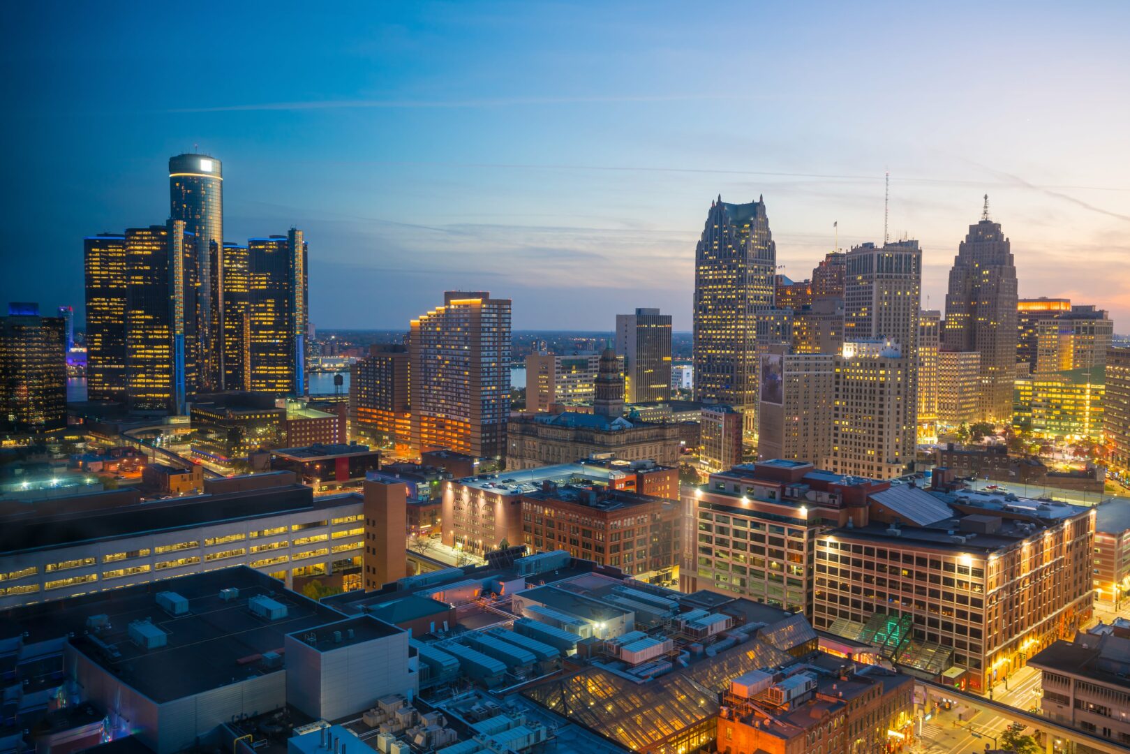 A view of the city skyline at night.